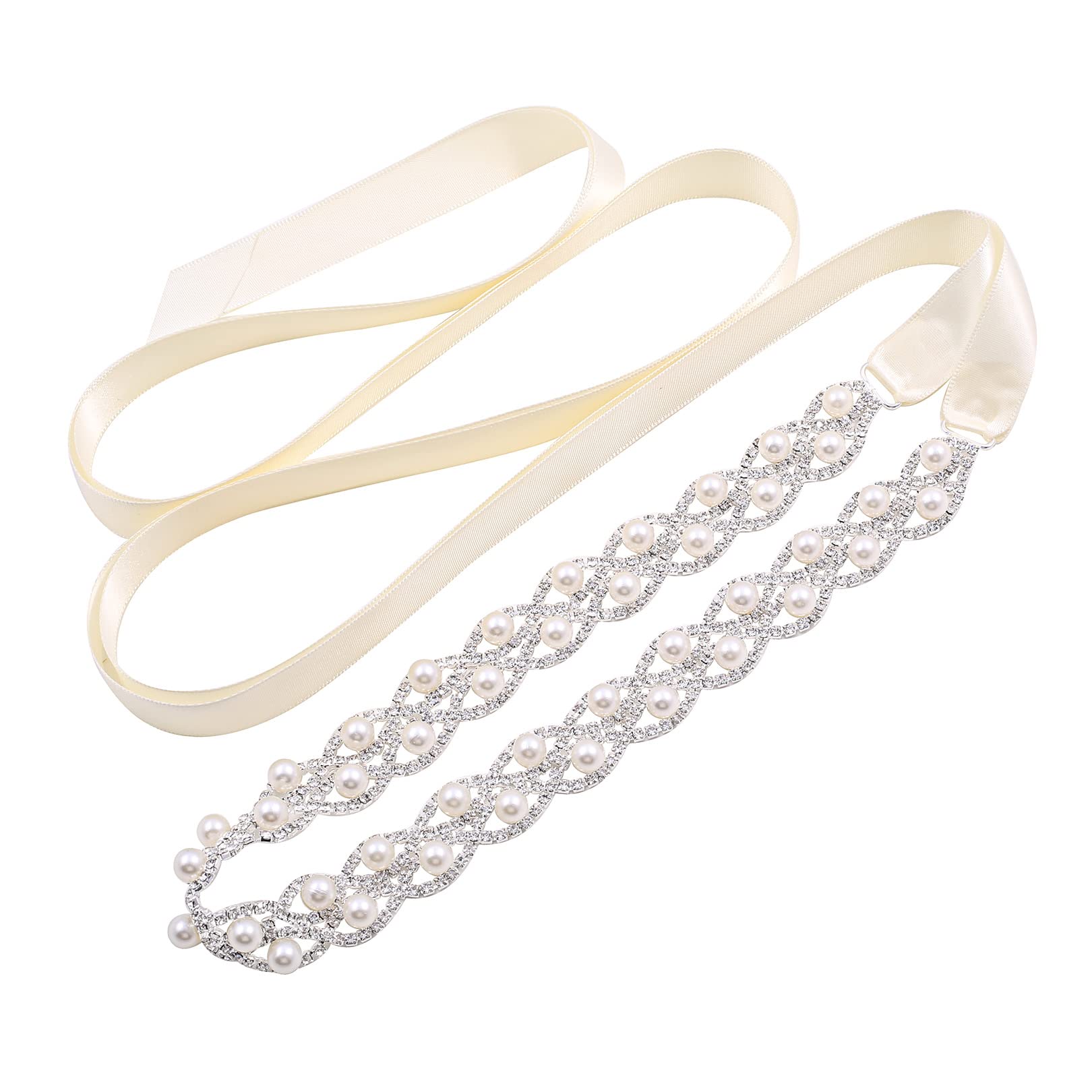 WEZTEZ Crystal Wedding Belt Pearls Bridal Belt Handmade Rhinestone Wedding Dress Belt for Bride Bridesmaid Gowns, Ivory Ribbon, One Size