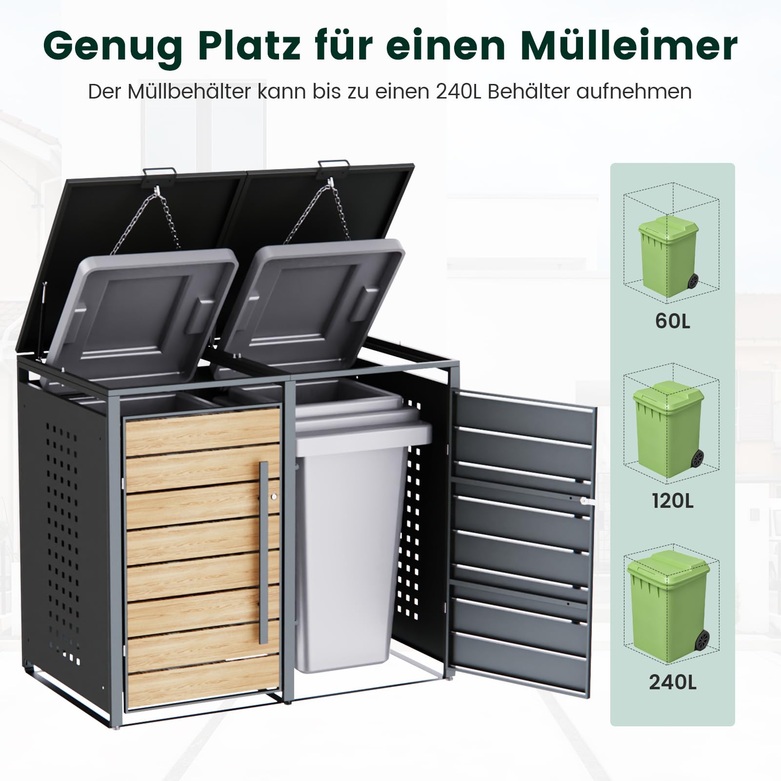 CHOSHOME Mülltonnenbox 2er 240L - Anthrazitgrau Verzinkter Stahl & Holzoptik - 2 Tonnen mit Abschließbar - inkl. Erweiterungsmöglichkeit - Mülltonnenverkleidung, Aufbewahrungsbox für Mülltonnen