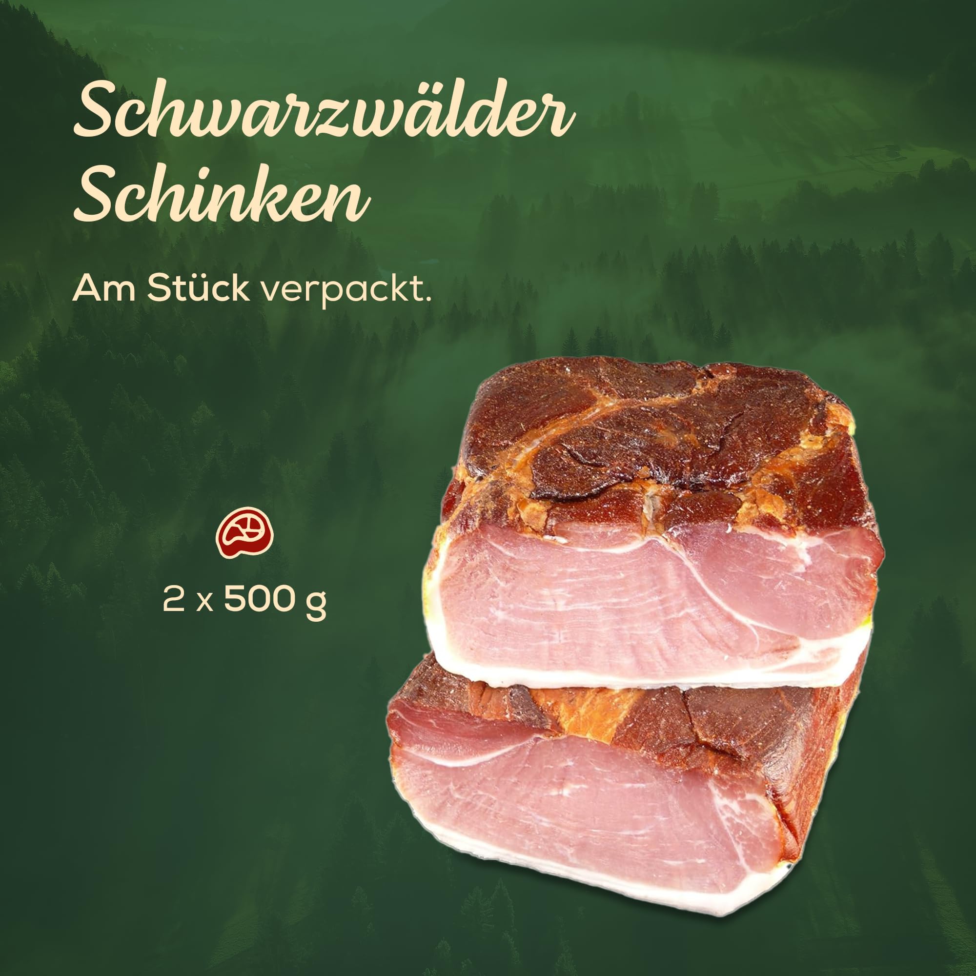 Schwarzwald Metzgerei – Schwarzwälder Schinken 2x 500gr am Stück mit herzhaft rauchigem Aroma – Räucherschinken nach Schwarzwälder Tradition über Tannenreisig und Tannenholz kaltgeräuchert