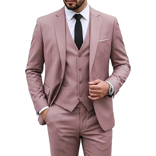 MY'S Men's 3 Piece Suit Set with Tie, One Button Slim Fit Solid Jacket Vest Pants, Prom Party Wedding Business Suits for Men