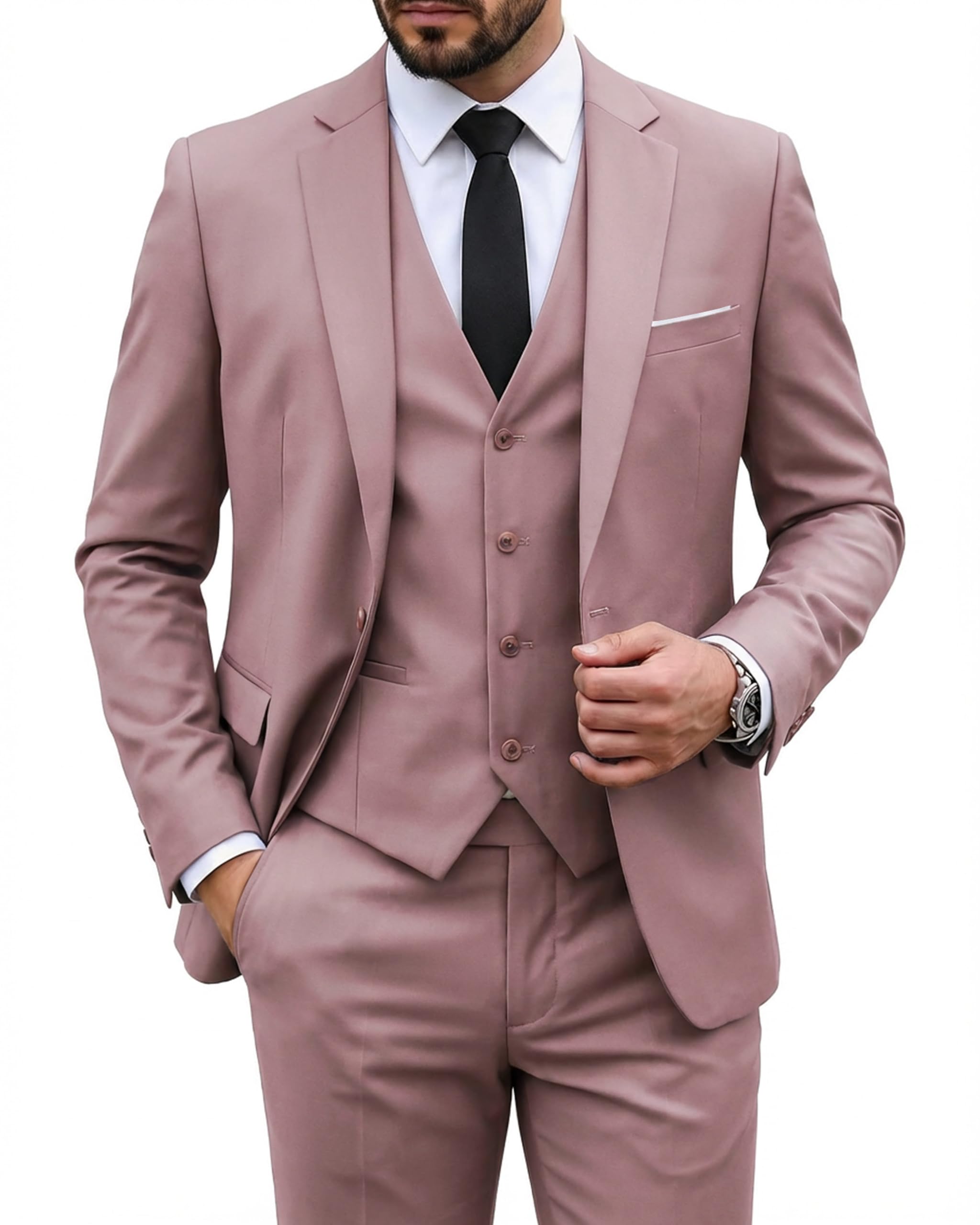 MY'S Men's 3 Piece Suit Set with Tie, One Button Slim Fit Solid Jacket Vest Pants, Prom Party Wedding Business Suits for Men