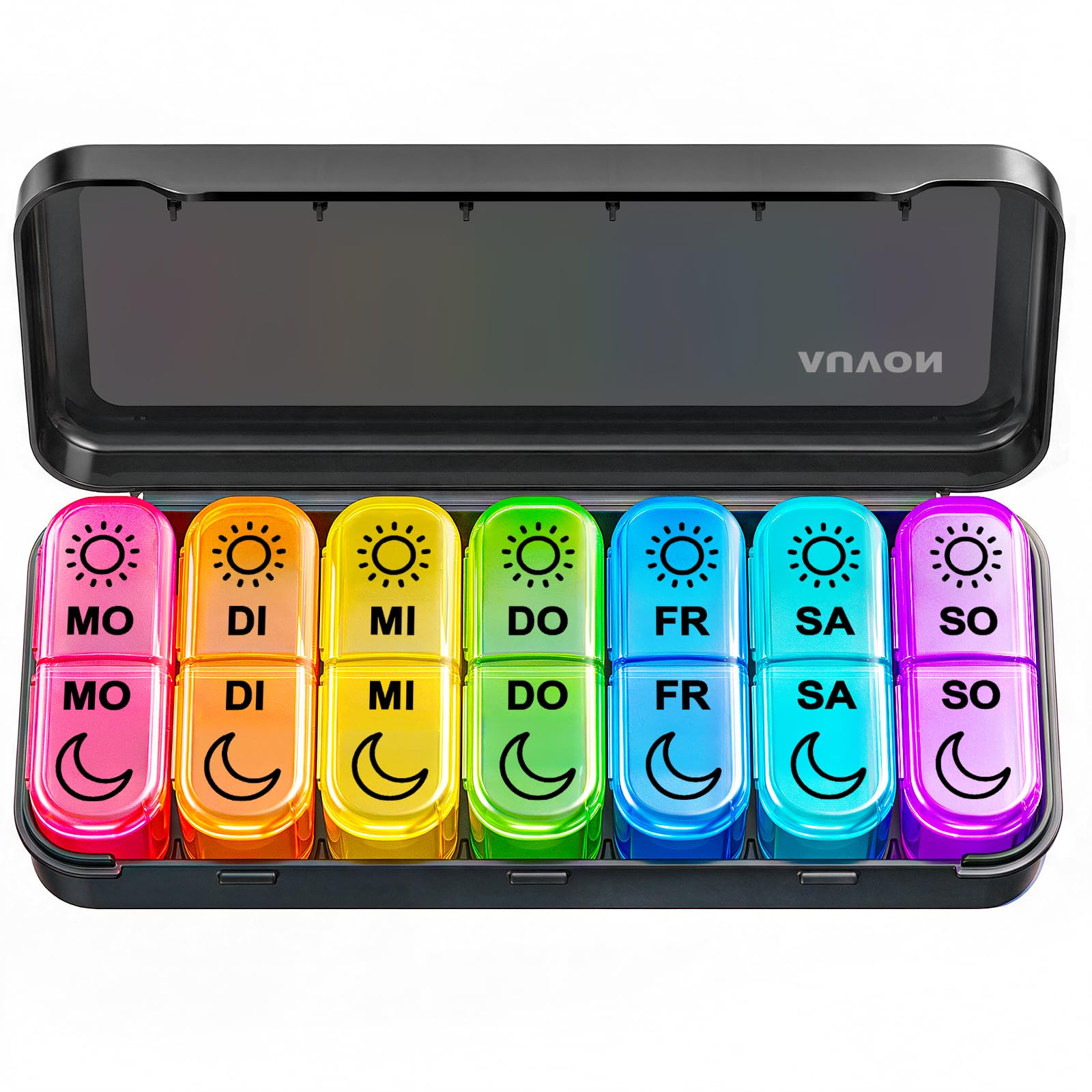 AUVON Tablettenbox 7 Tage Morgens Abends 2 Große Fächer, 7 Farben, BPA Frei | Medikamentenbox 7 Tage für Senioren Unterwegs, Pilldose für Medikamente Vitamine Fischöl, Abnehmbare Fächer, Auslaufsicher