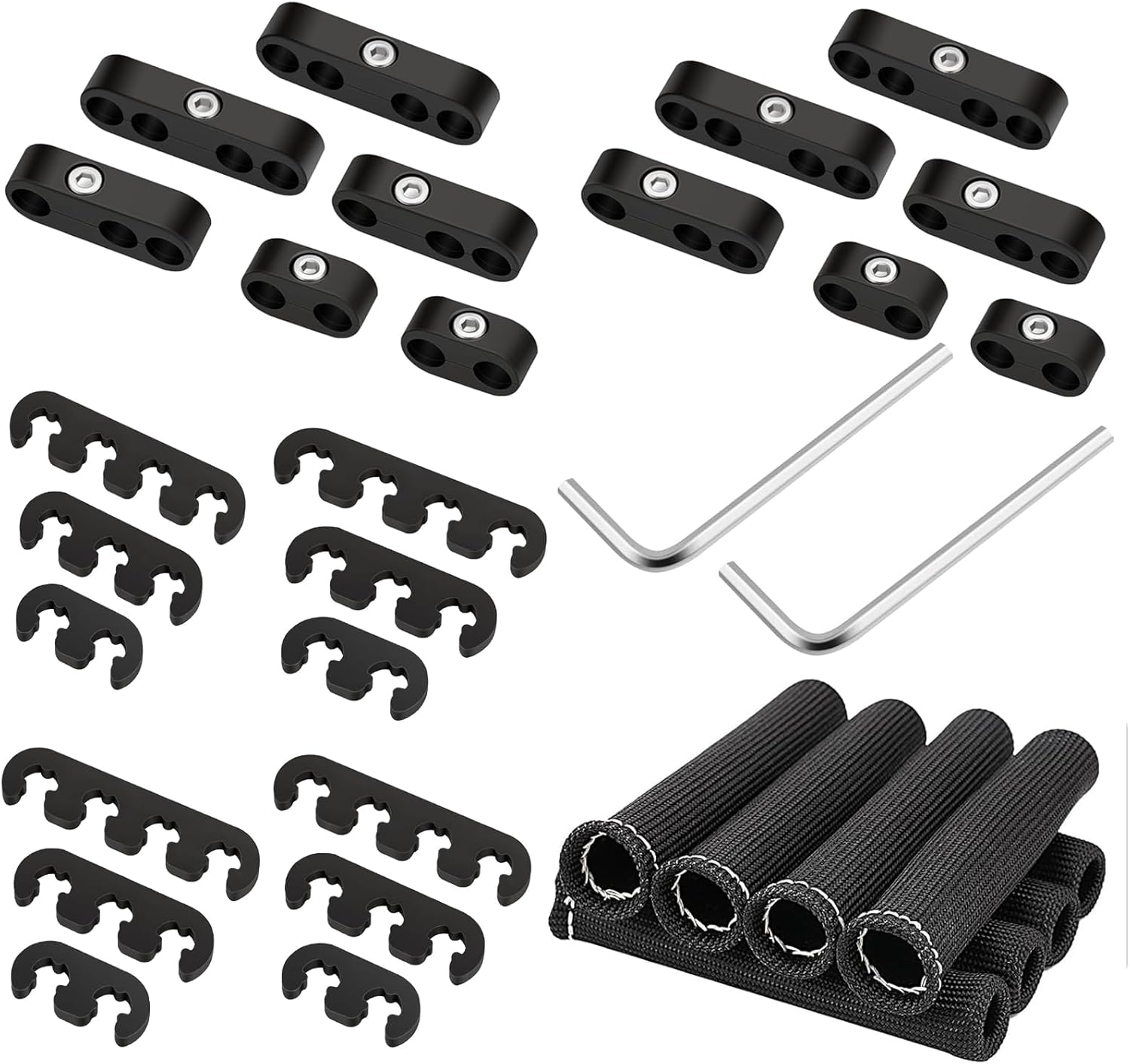 24PCS Spark Plug Wire Separator Kit with 8PCS Heat Shield Sleeves, Ignition Wire Divider Clip Holder Set, Fits 7mm 8mm Wires, with L-Type Wrench – Black