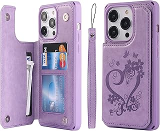 Cavor for iPhone 14 Pro Max Wallet Case with Card Holder,PU Leather Flip Card Slots Case,[Kickstand Feature][Wrist Strap] Shockproof Cover for Women and Men - Purple