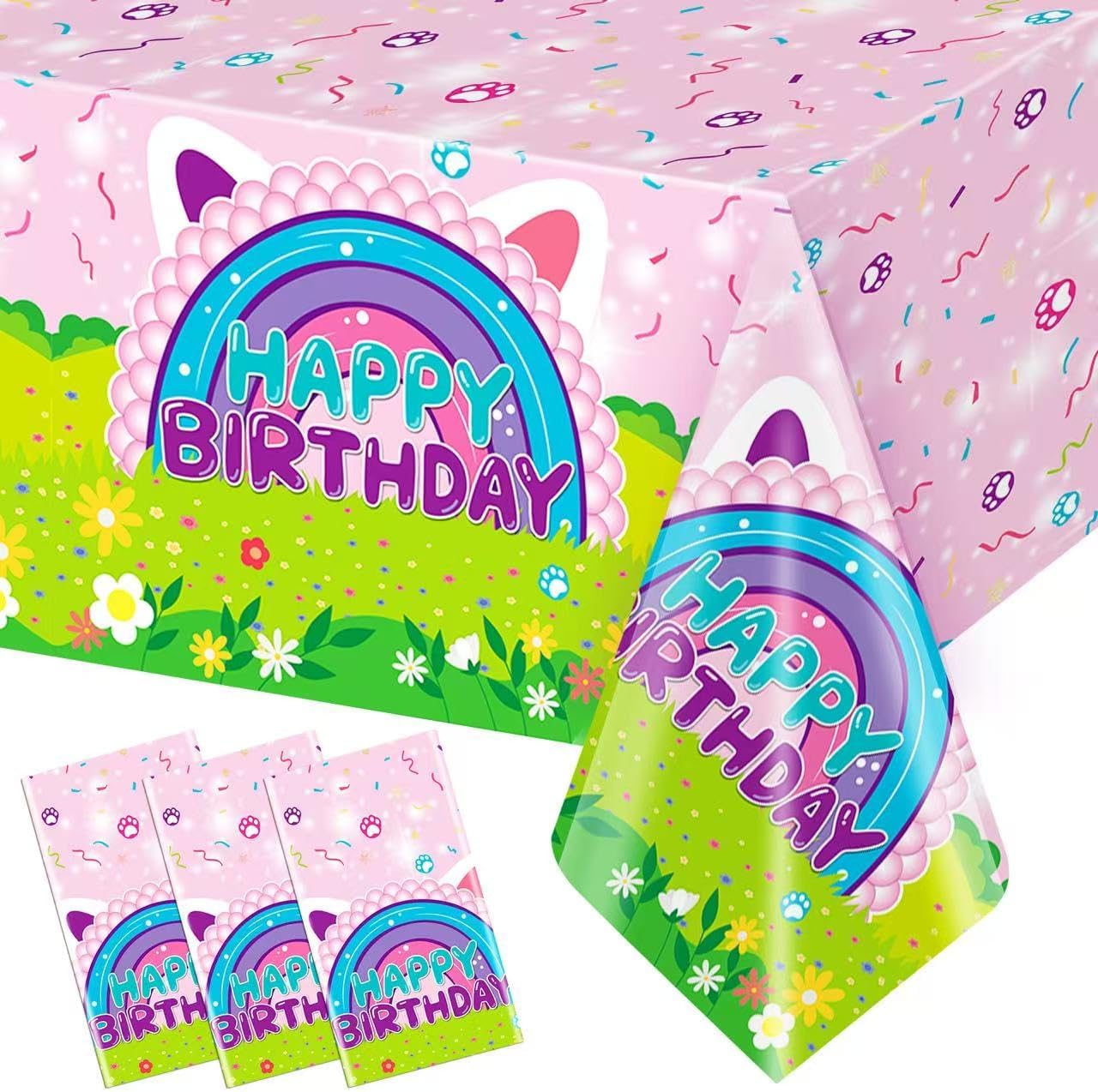 3Pcs Dollhouse Rectangle Tablecloth, Disposable Birthday Party Table Cloth, 54'' x 108'' Cartoon Cat Table Cloth Decor, Favors Rectangular Tablecloth for Girls Baby Shower Home