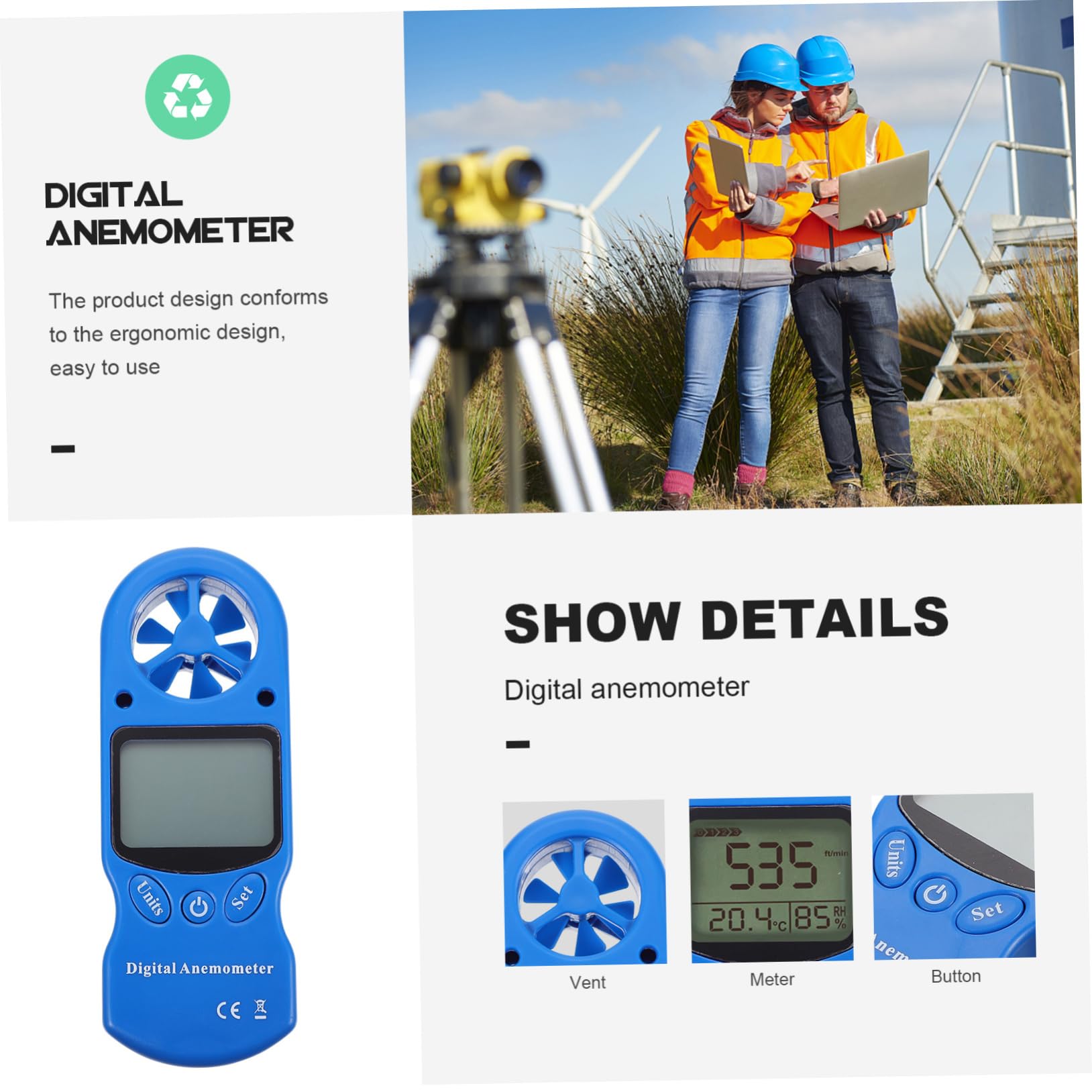 Yardwe Mini Anemometro Digitale Portatile, Igrometro e Termometro, Misurazione Velocità del Vento, Schermo Lcd Retroilluminato, per Monitoraggio Ambientale | Misura Velocità Aria e Temperatura, Adatto per Ventilazione e Ventole, con Custodia