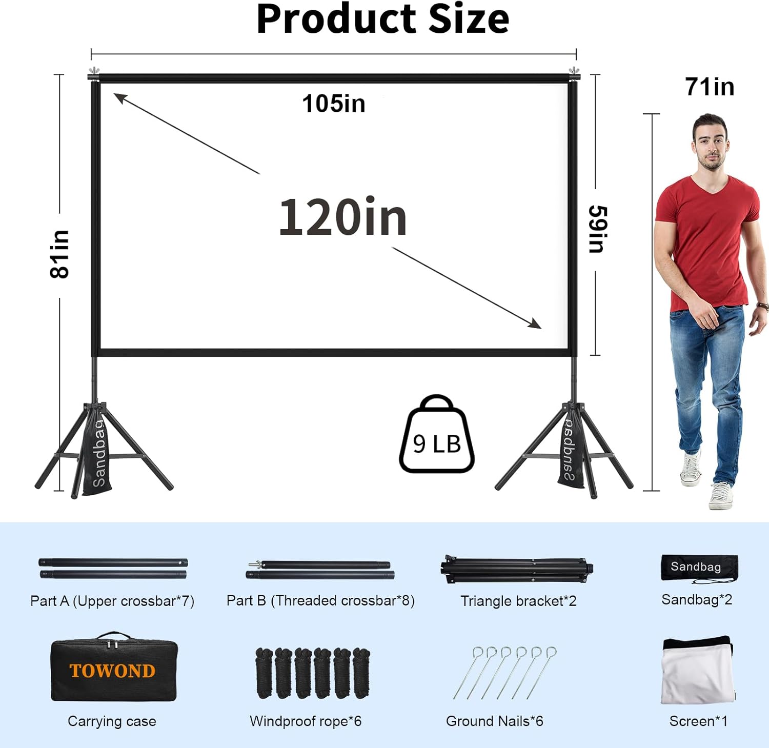 TOWOND Projector Screen with Stand,120 inches Indoor Projector Screen Outdoor Portable 16:9 4K HD Rear Front Projection Movie Screen with Carry Bag Wrinkle-Free Design for Backyard Theater 6 71oiBKWWLfL. AC SL1500