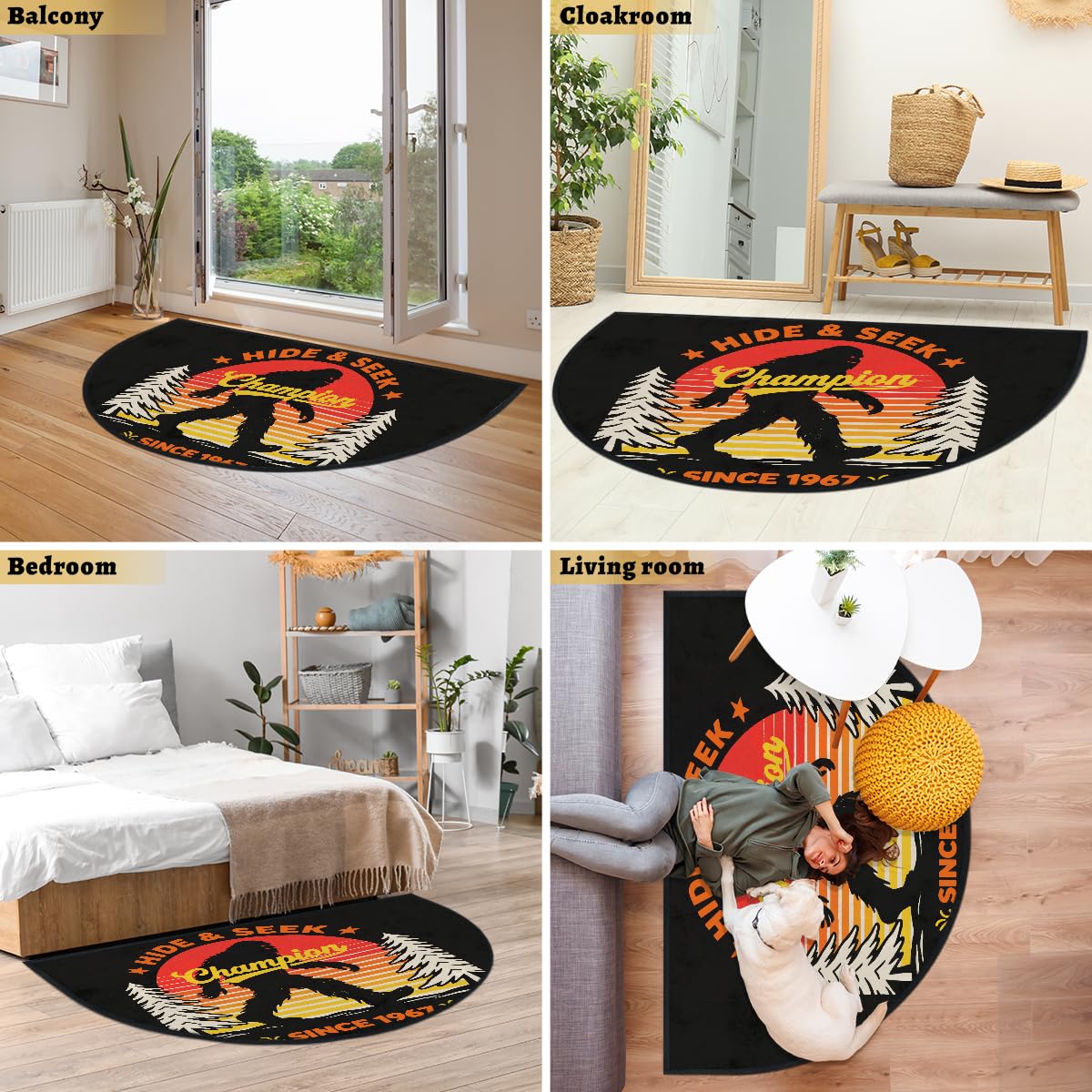 Bigfoot Hide Seek Champion große halbrunde Fußmatte – rutschfest, saugfähig, halbrund, Eingangsbereich, niedlich, weich, halbrund, waschbar, Teppich für Küche, Badezimmer, Schlafzimmer, 160 x