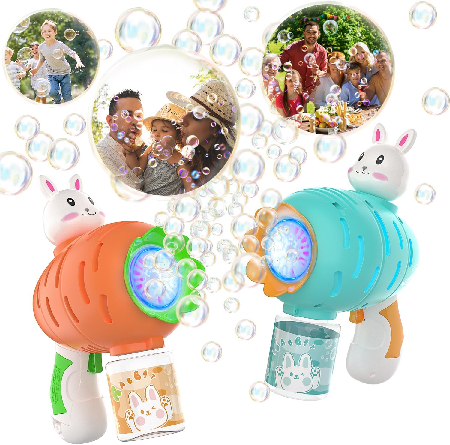 EagleStone Bubble Gun Machine 2 Pack for Kids Toddlers, 10 Hole Bunny Bubble Wand Blaster, Automatic Bubble Blower with LED Lights, Bubble Refill for Outdoor, Wedding Party Favor