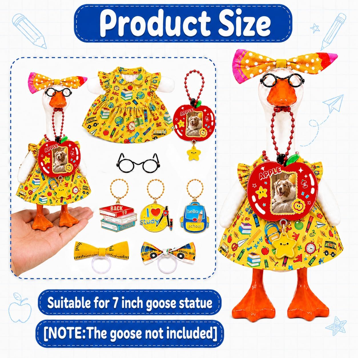 7 Inch Desk Goose Outfit Set, Back to School Goose Accessories | Includes 3 Headwear, 3 Necklaces, Glasses and a Magnetic Apple Photo Frame for Desk Goose Statues Teacher Office