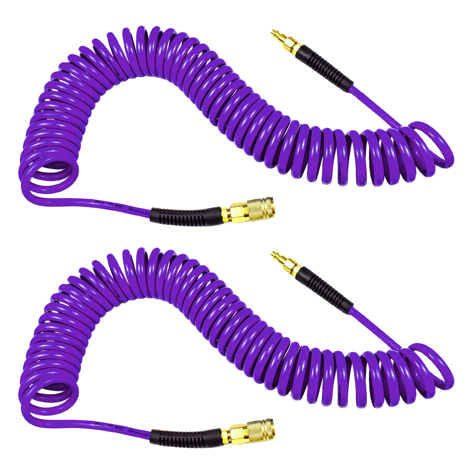 YOTOO Polyurethane Recoil Air Hose 1/4" Inner Diameter by 25' Long with Bend Restrictor, 1/4" Industrial Quick Coupler and Plug, Purple. 2-Pack