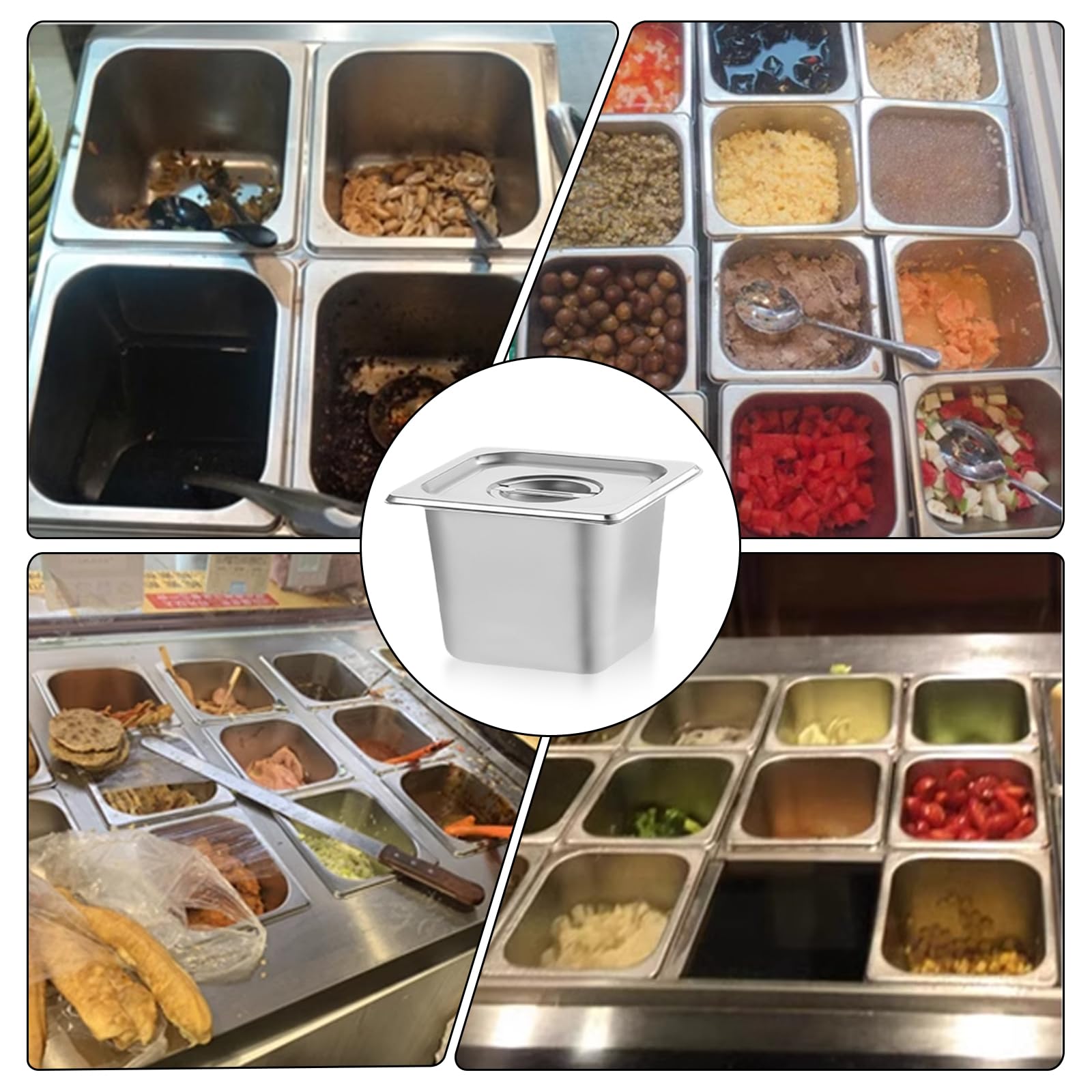 3 recipientes gastronorm de acero inoxidable con tapa, recipiente GN 1/6, tamaño 17,5 x 16,5 x 10 cm, 3 piezas, apilables, para carne, pescado, verduras