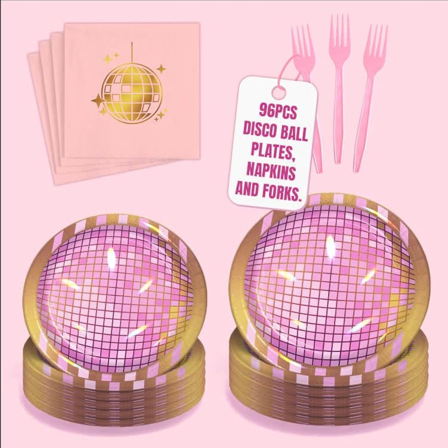 Wilber Disco Plates & Napkins - 96 pcs - Includes 48 Plates (9 & 7 inches), 24 Napkins, 24 Pink Forks - Perfect for Disco Party Decorations, 70s Tableware