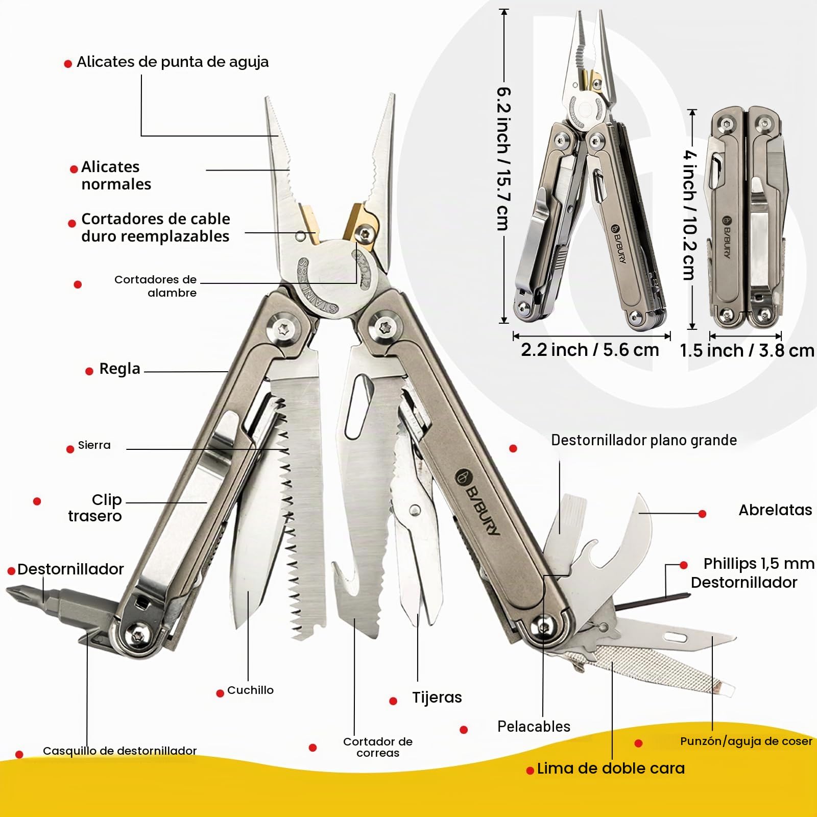 BIBURY Multiherramienta 24 en 1 con Alicates de Titanio – Regalo para Hombres, Día del Padre, Navidad y Cumpleaños – Herramienta EDC Ligera para Camping y Bricolaje