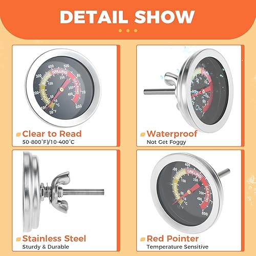 Miniatura 3 de Termómetro de parrilla de carbón para barbacoa, indicador de temperatura de acero inoxidable de 2.05 pulgadas, indicador de calor, indicador de