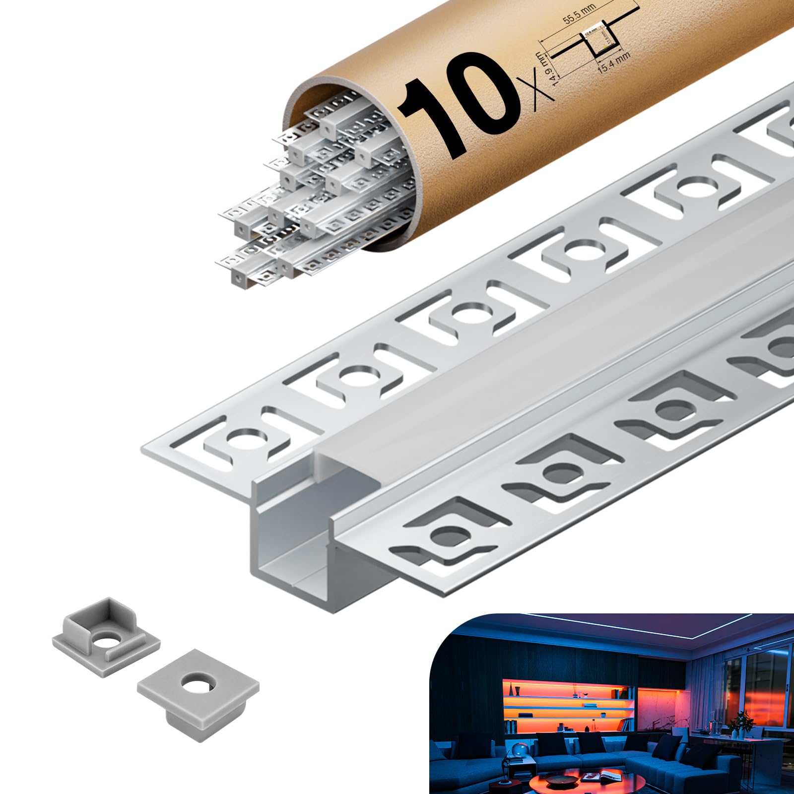 Profilo LED strisce LED 2 m x 10 pezzi 20 m, dimensioni 15,4 mm x 14,9 mm lamelle da 55,5 mm per strisce LED con una larghezza inferiore a 12,9 mm, con accessori di montaggio