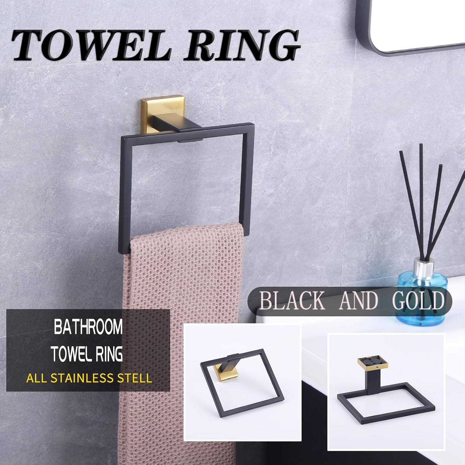 GERZWY Bathroom Hardware Set 2 Piece Towel Ring and Toilet Paper Holder SUS 304 Stainless Steel Wall Mounted (Black & Gold) JG1956-2BD