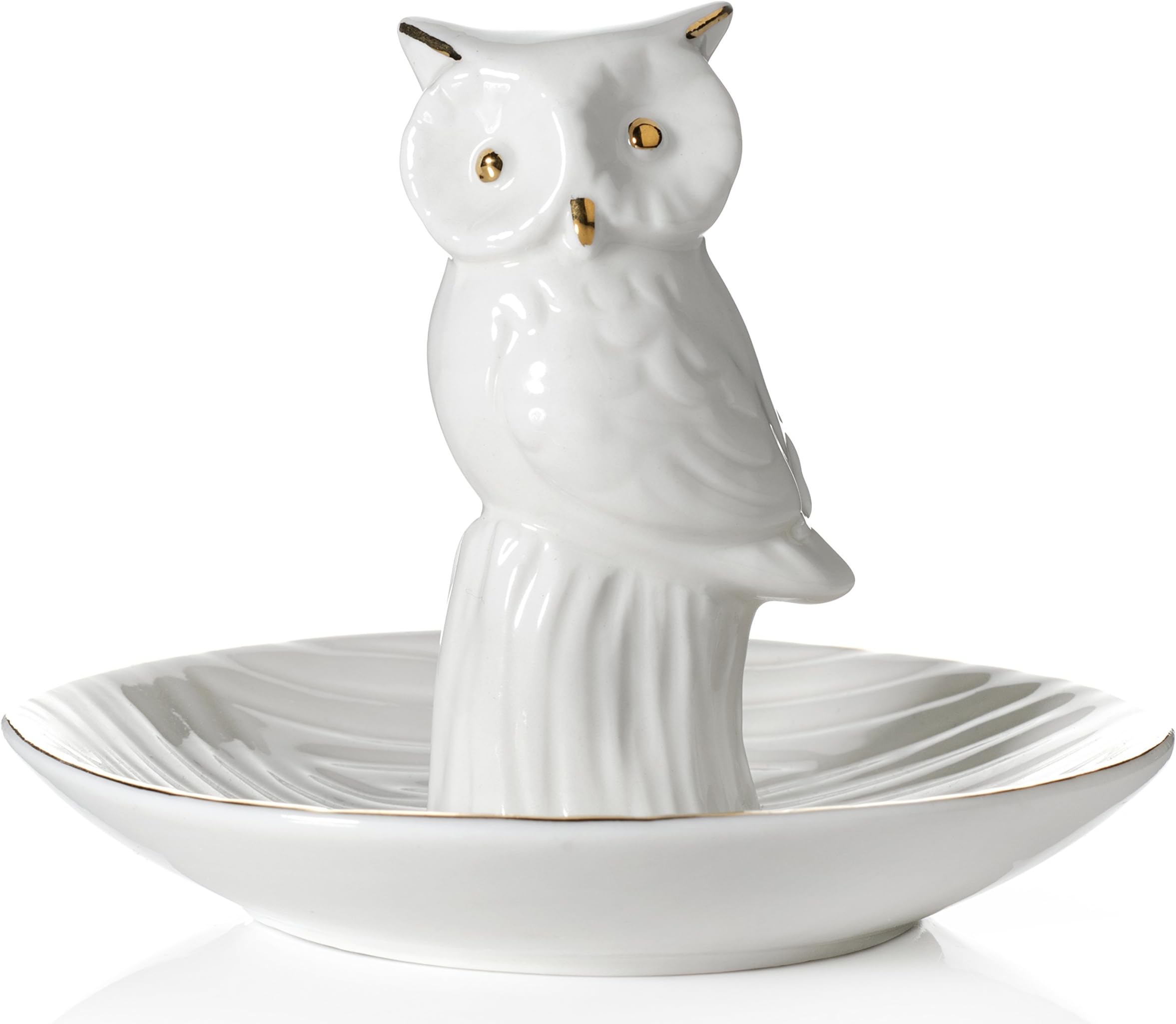 Owl Ring Holder Dish, Cute White with REAL 24K GOLD Plating Ceramic Engagement and Wedding Ring Holder