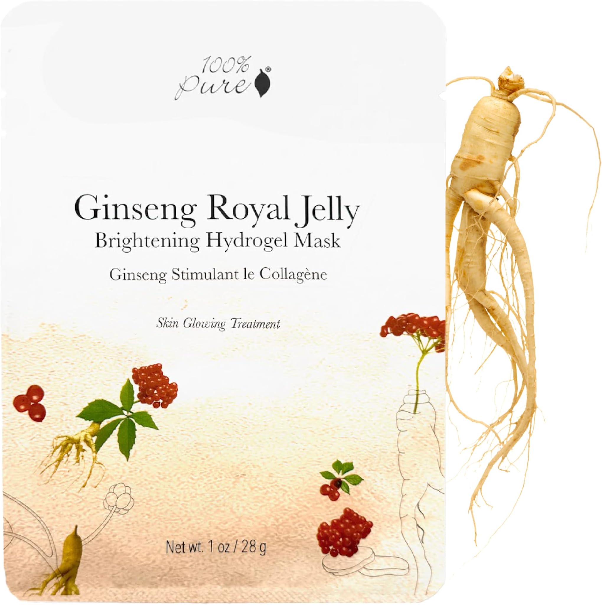 100% PURE Ginseng Royal Jelly Face Mask - Anti-Aging Face Mask for Women & Men with Vitamin C & Hyaluronic Acid - Collagen Skincare for Firm, Smooth Skin, Anti-Wrinkle Self Care - 1 Facemask