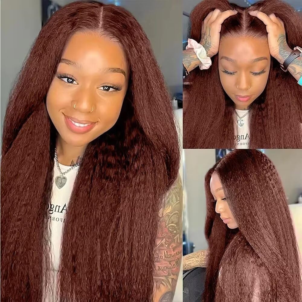 Reddish Brown Kinky Straight Human Hair 13X6 Lace Frontal Wig 150% Density Pre Plucked Brazilian Yaki Straight HD Invisible Lace Front Wig with Baby Hair For Woman #30 Colored Wigs 22Inch