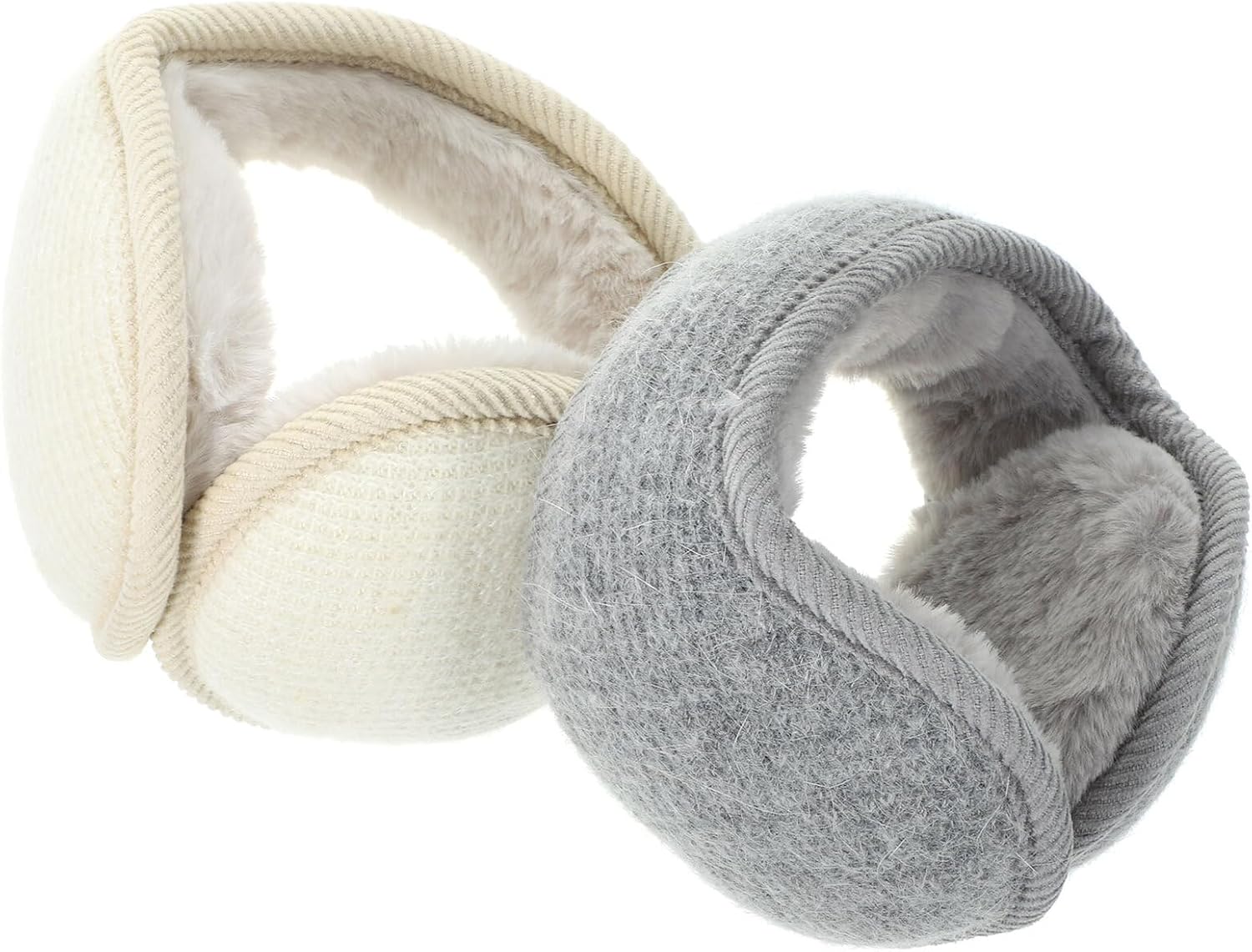 Knitted Foldable Plush Earmuffs 2pcs Beige and Gray, Reusable Winter Ear Warmers, Soft Supple Ear Covers for Cold Weather Protection