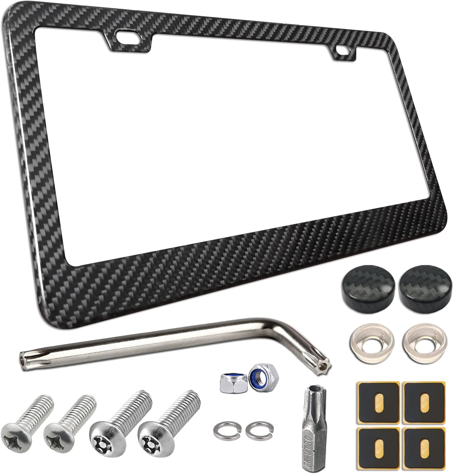 Carbon Fiber License Plate Frame - 100% Real Carbon Fiber Overlays Stainless Steel License Plate Frames | Stainless Steel Anti-Theft License Plate Screws | 1PC Black Gloss Plate Frame