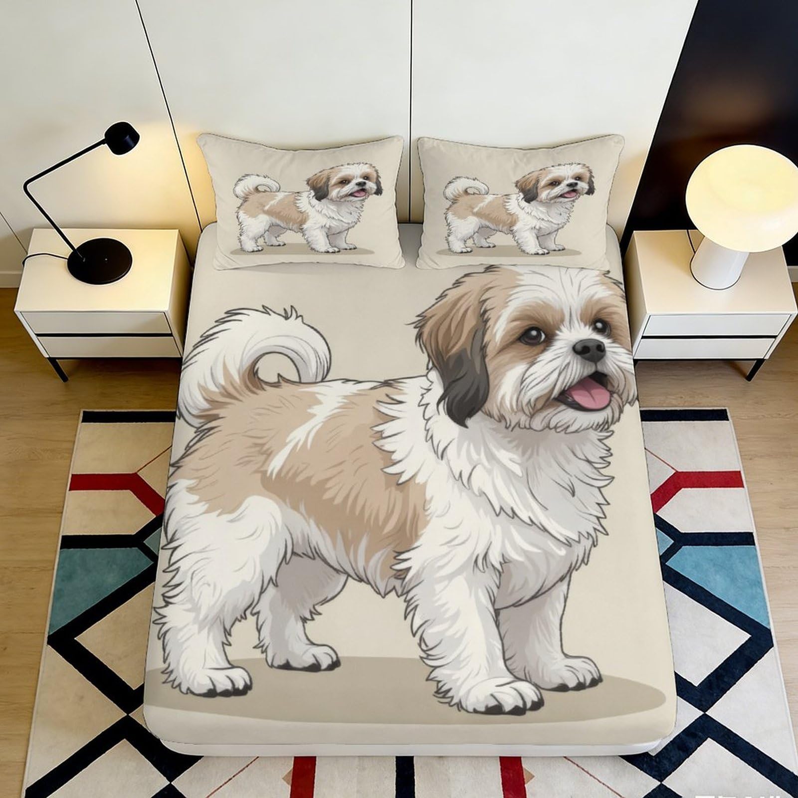 3D Printed Shih Tzu Dog Fitted Sheet Microfiber Non-Slip Mattress Cover for Bedroom Guest Room Machine Washable 200x200x25cm