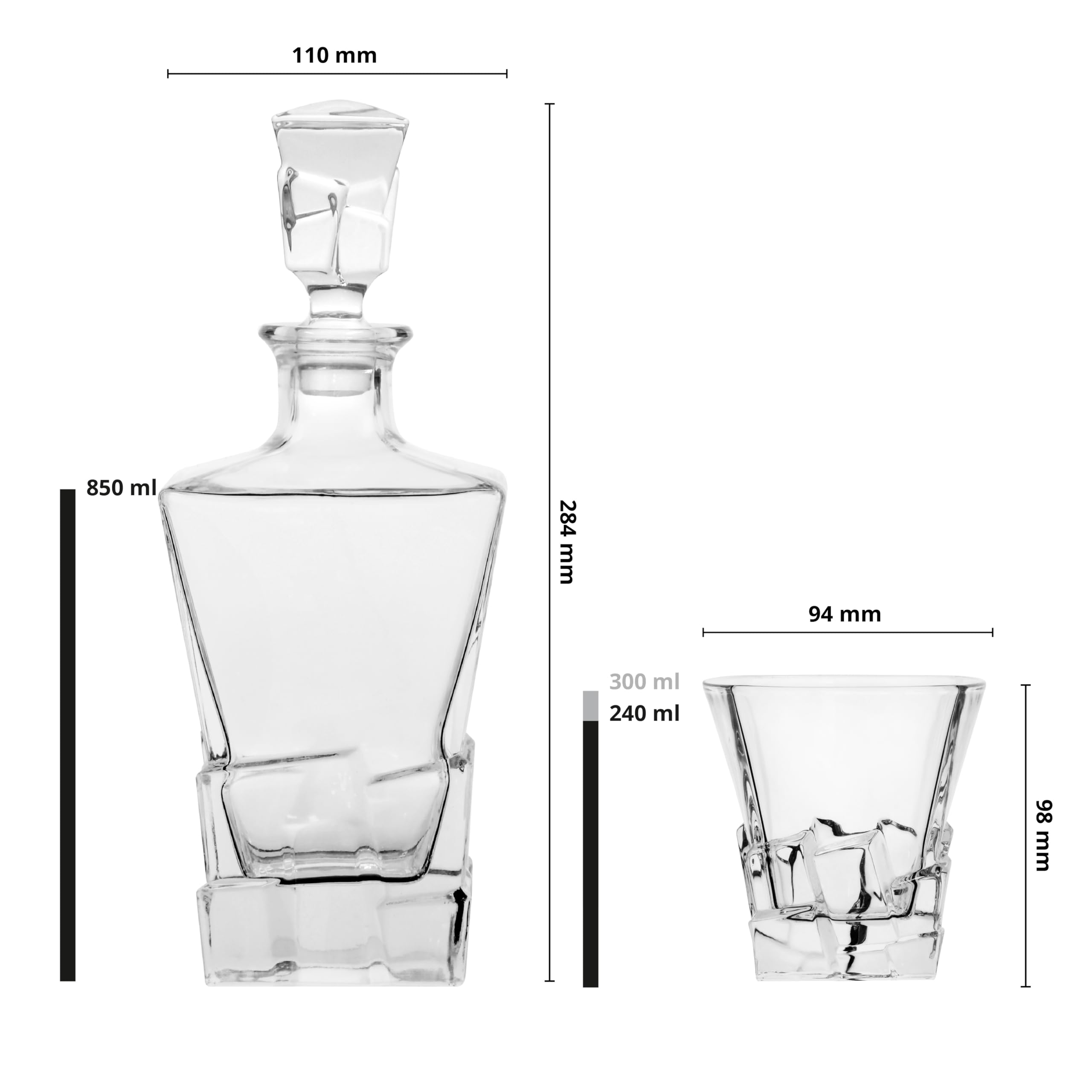 Glasmark Krosno 1992 Decantador con Vasos 3 piezas para Whisky y Licores - Decantador de Vidrio 850 ml y 2 Vasos 240 ml - en Caja de Regalo Negra - Diseño con Carácter