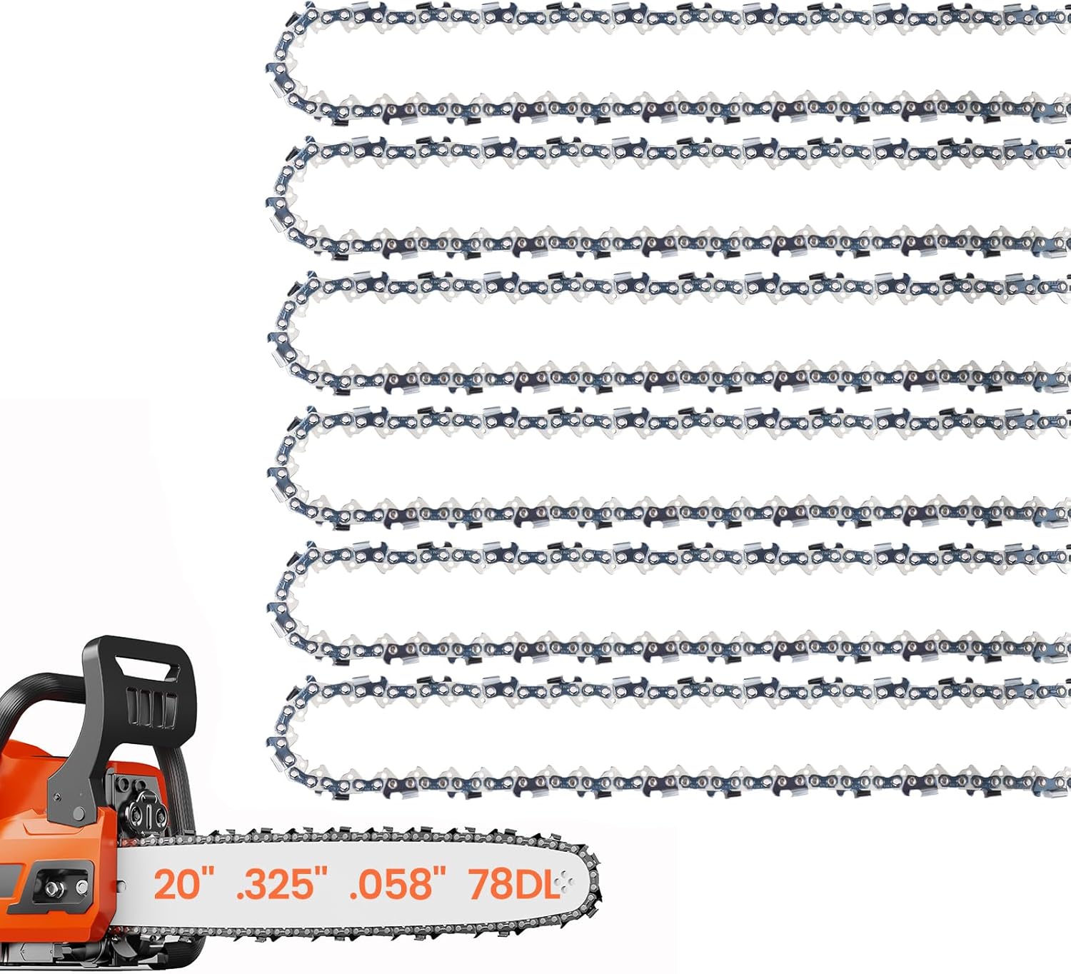 E & S 6 Pack 20 Inch Chainsaw Chain .325" Pitch .058" Gauge 78 Drive Links Semi-Chisel Chain Saw Chains for Oregon, Stihl, Husqvarna, Poulan, Craftsman, Greenworks and More Chainsaw Brands
