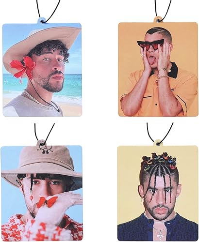 Bad Rapper Bunny Merch - Ambientador para automóvil 4 unidades regalos para fanáticos perfume colgante ambientador automotriz