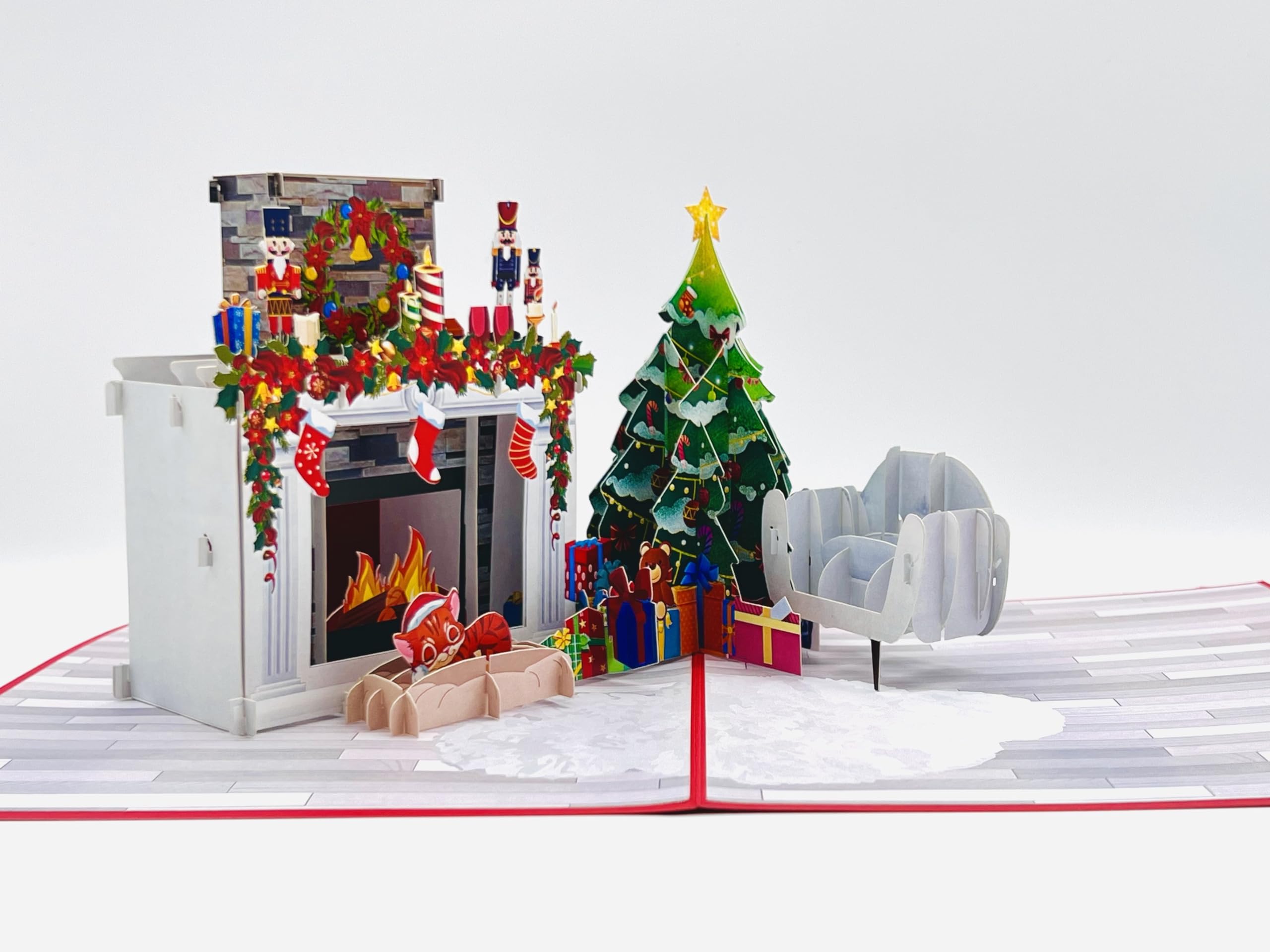 Modern Christmas Fireplace Pop Up Card, 3D Living Room Atmosphere with Tree, Presents, and Armchair - Image 3