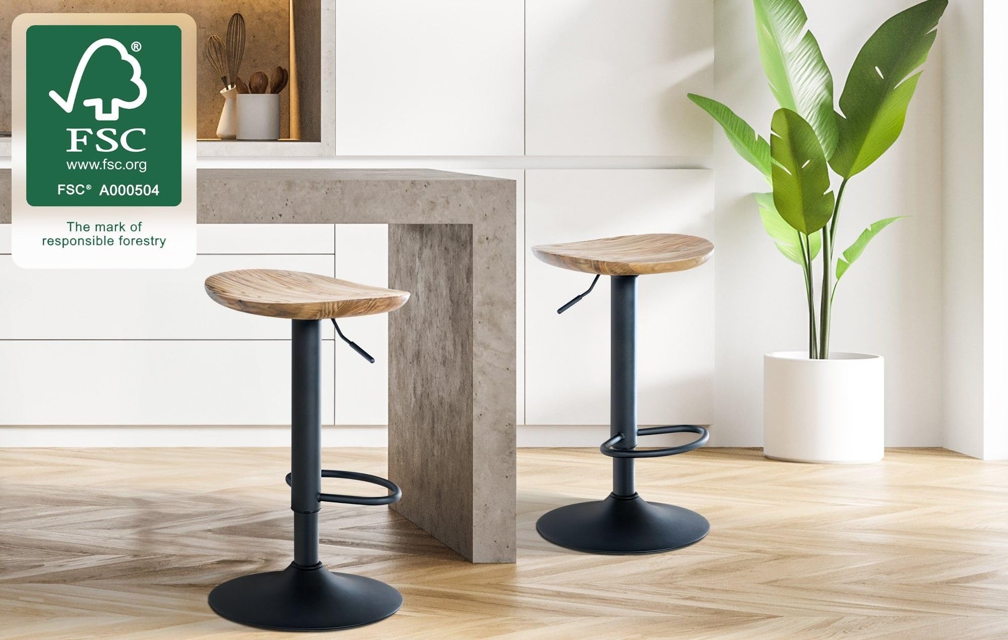 CLP Set De 2 Taburetes De Bar Skelde con Asiento De Madera I Juego De 2 Sillas para Barra De Cocina con Base Metálica Color Natura