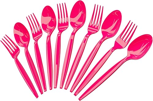 Juego de cuchara y tenedor rosa intenso (50 cada uno)  Vajilla rosa intenso para fiestas, cubiertos de plástico duradero, cubiertos de colores,