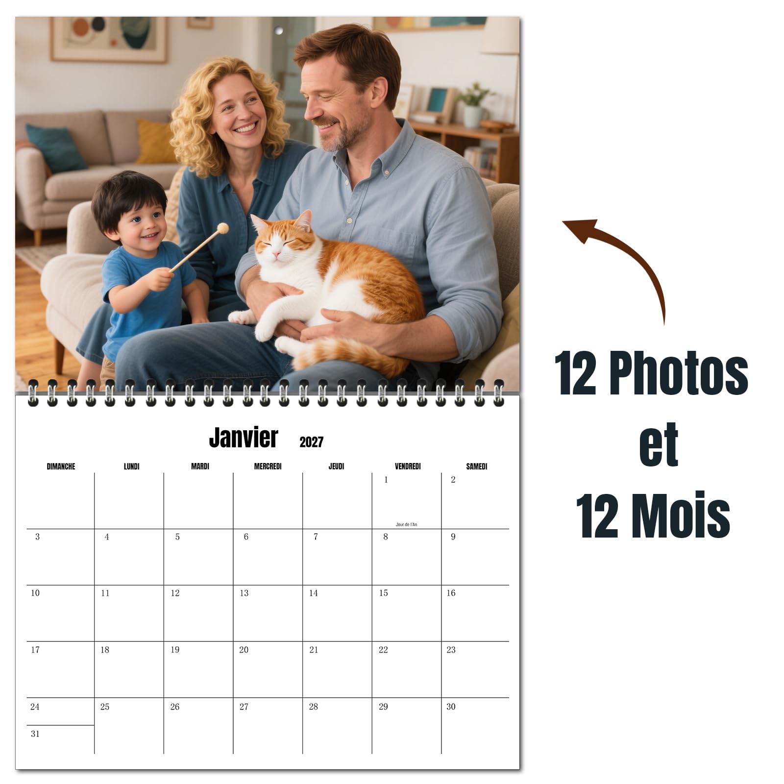 Calendrier mural personnalisé 2027 pour la maison et le bureau - Imprimez vos 13 souvenirs et créez votre propre calendrier personnalisés 2027 - Cadeau de Noël personnalisé