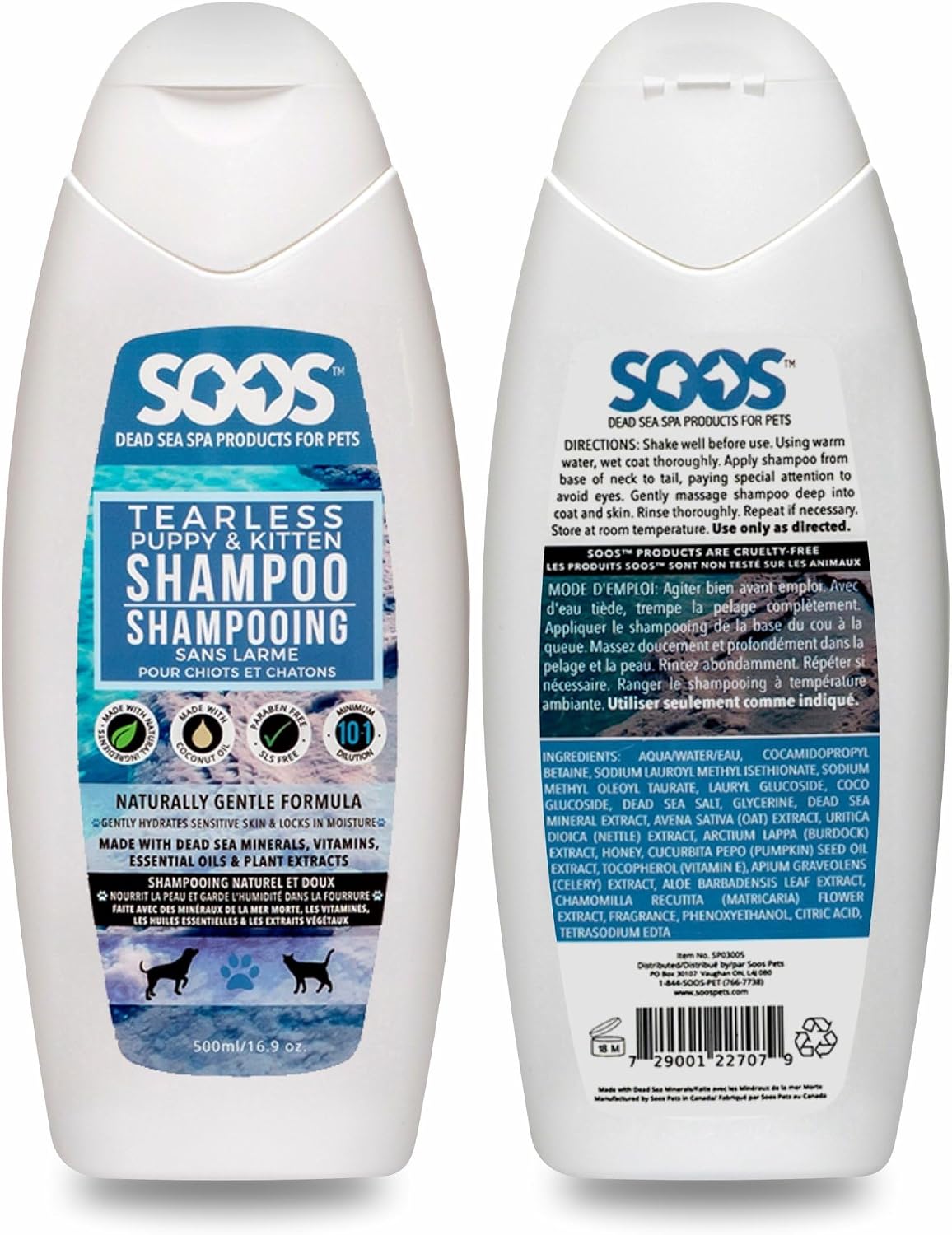 Soos Pet Tear-Less Shampoo for Puppies and Kittens | Natural Dead Sea Minerals | Fast Absorbing, Moisturizing, Gentle Skin Care | Vitamins & Essential Oils for Sensitive Skin - 500ml
