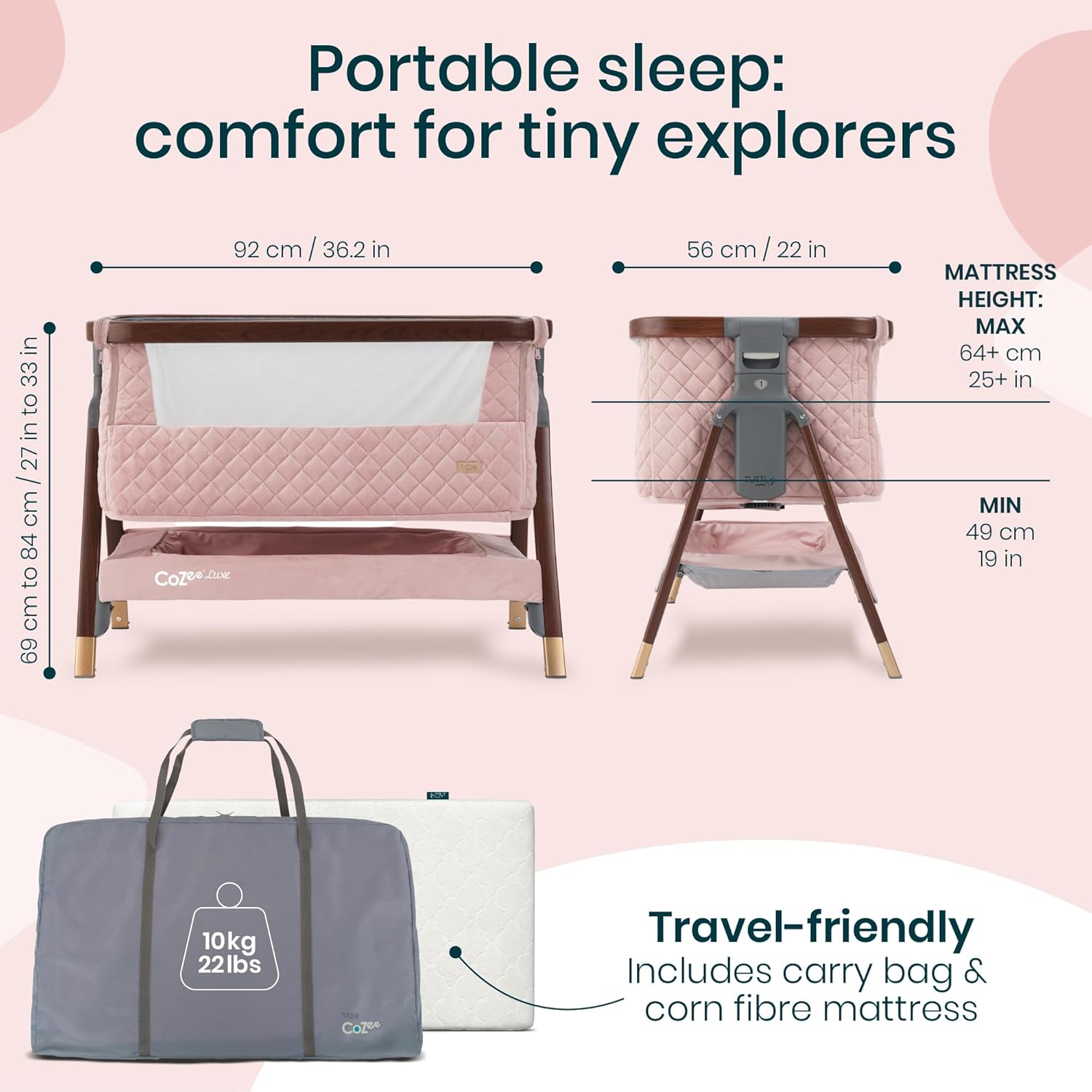 Tutti Bambini CoZee® Luxe Bedside Bassinet & Sleeper - Baby Bassinets Bedside Sleeper, Portable Crib & Adjustable Crib for Newborns, Travel Case, Must-Have Baby Essentials, 0-6 Months (Walnut/Blush)