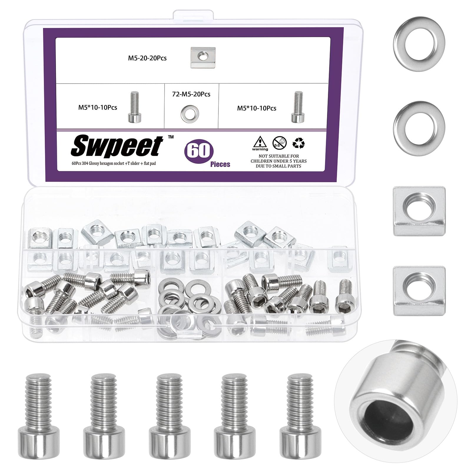 Swpeet 60Pcs M5 Stainless Steel T-Slot Nuts with Allen Screw Bolts and Flat Washers Assortment Kit, Series 2020 Slot Blocks Set, Type B T-Slot Nut, Sliding Nuts for Aluminum Profiles — image 1