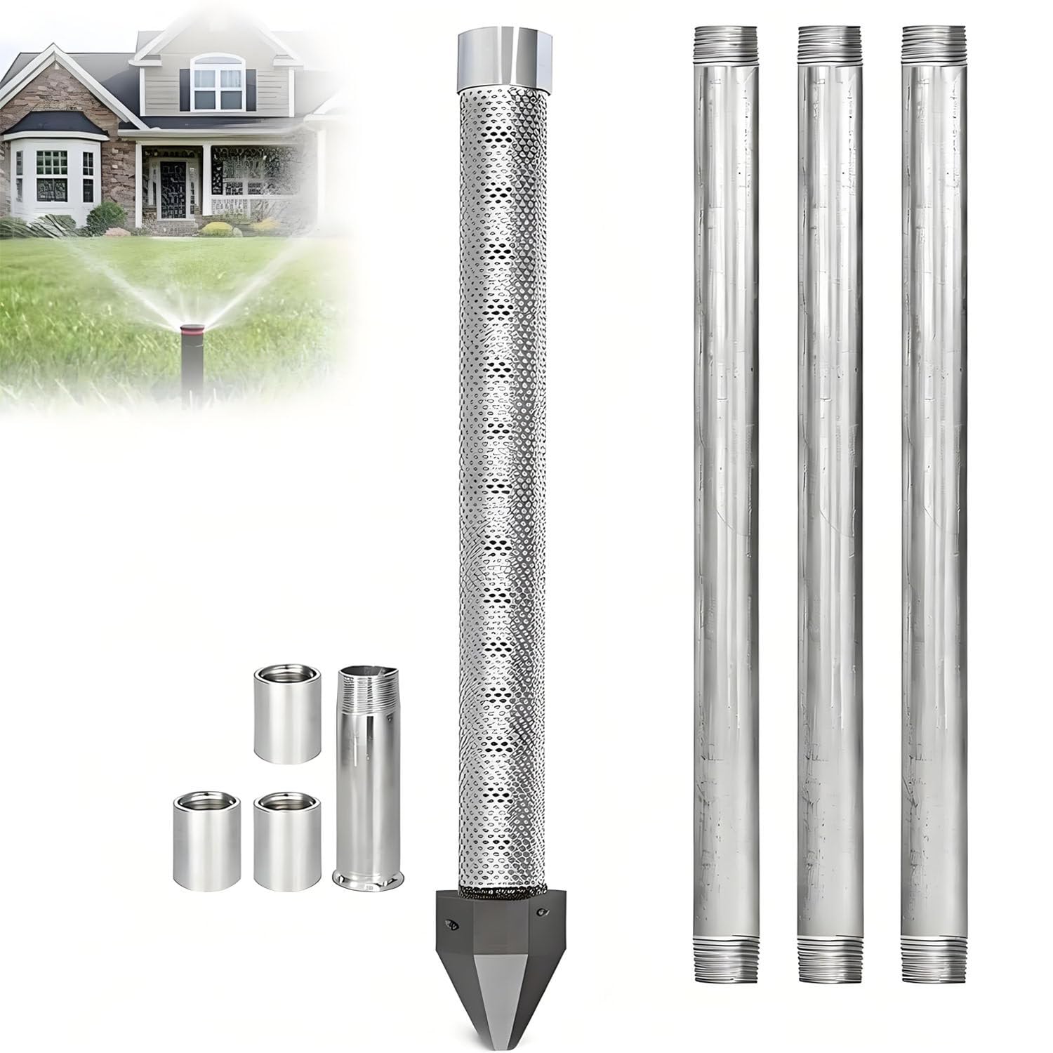 Kit de Punta para Pozo, Kit de perforación de pozos de Agua para Bricolaje 3+1Kit | Punta de pozo de 1-1/4 pulgadas y 36 pulgadas con malla de calibre 60 y tubos de extensión galvanizados