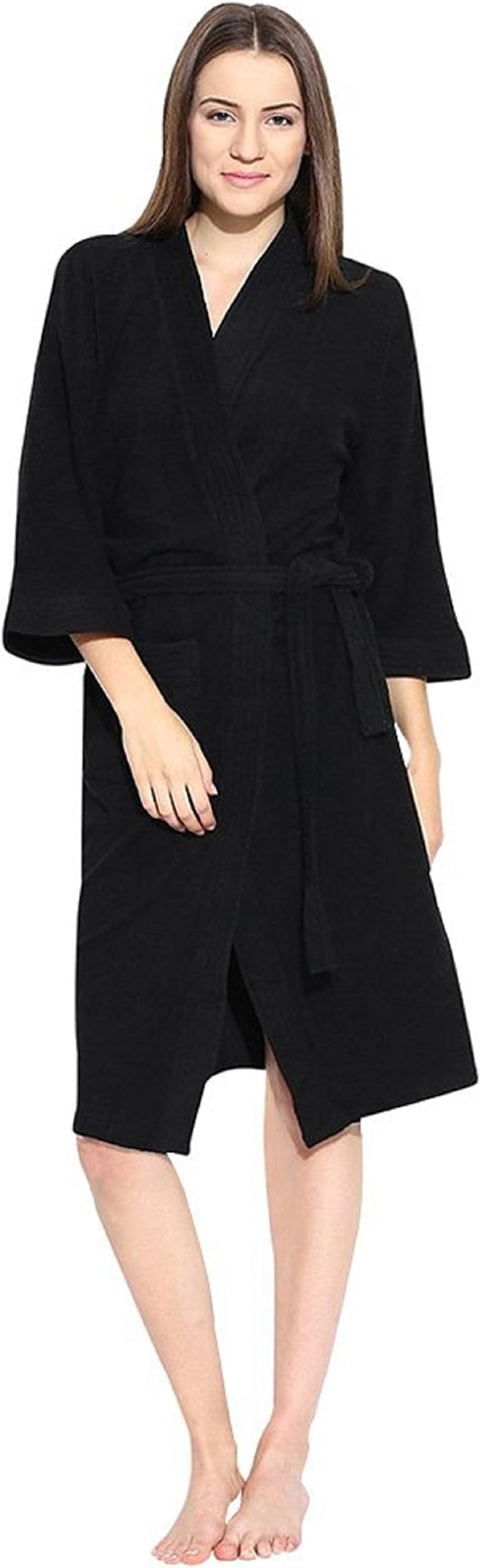 Premium Collection 3/4Th Sleeve Terry Bathrobe-Free Size Black
