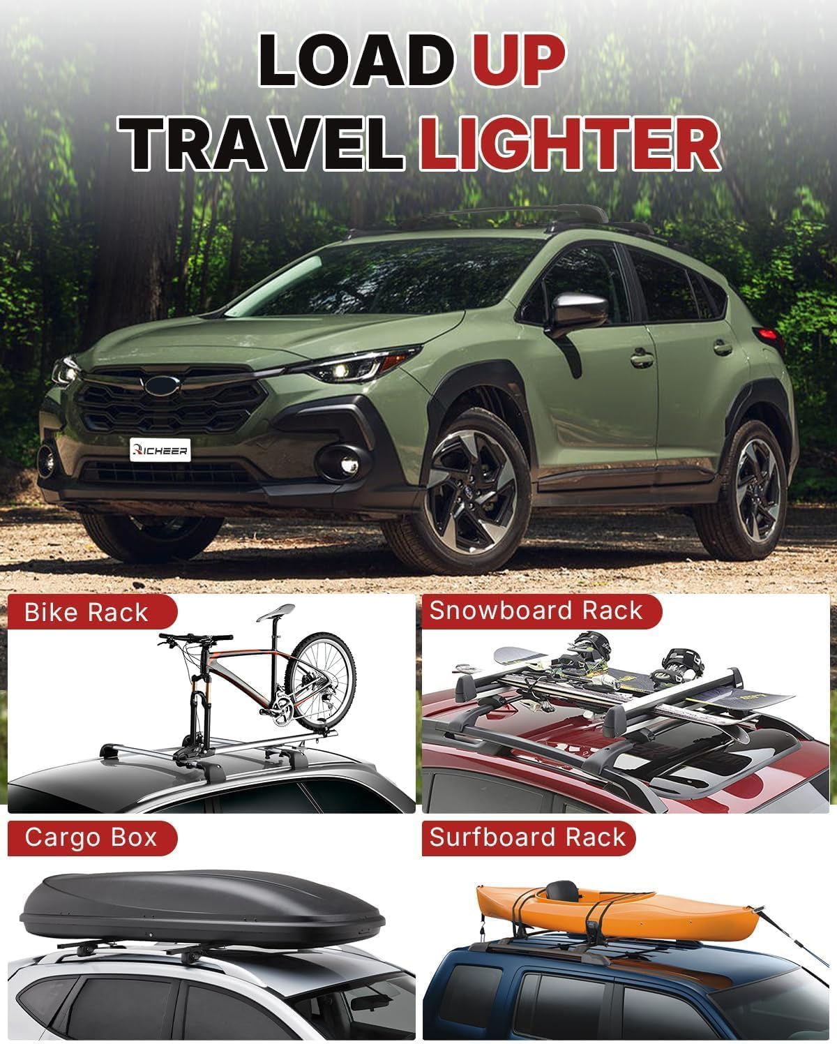 Richeer 300LBS Roof Rack Cross Bars for 2024 2025 2026 Subaru Crosstrek Premium/Sport/Limited (Not for Wilderness) with Side Rails, Lockable Aluminum Cross Bar for Cargo Racks Rooftop Luggage Bicycle