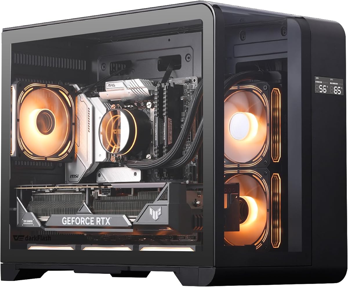 darkFlash MATX Gaming PC Case with Screen, Three Side Glass Micro-ATX Case, Curved Full View Dual, 3 PWM ARGB Fans Computer Case Pre-Installed, Type C, RTX 40 Compatible, Black(L280M)