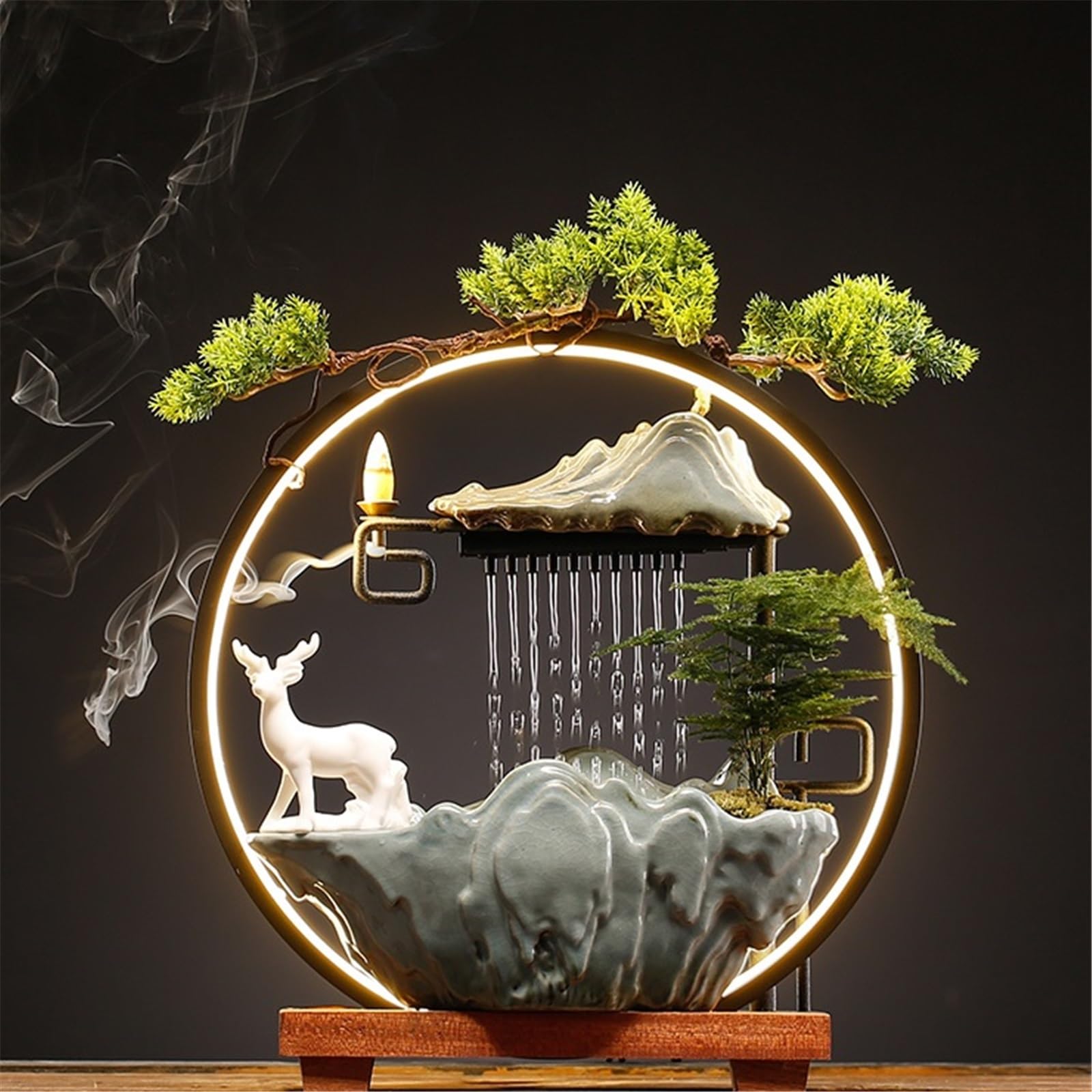 Fontaine de Table Fontaine Cascade d'intérieur en céramique Chinoise avec Anneau Lumineux LED et Porte-encens à refoulement