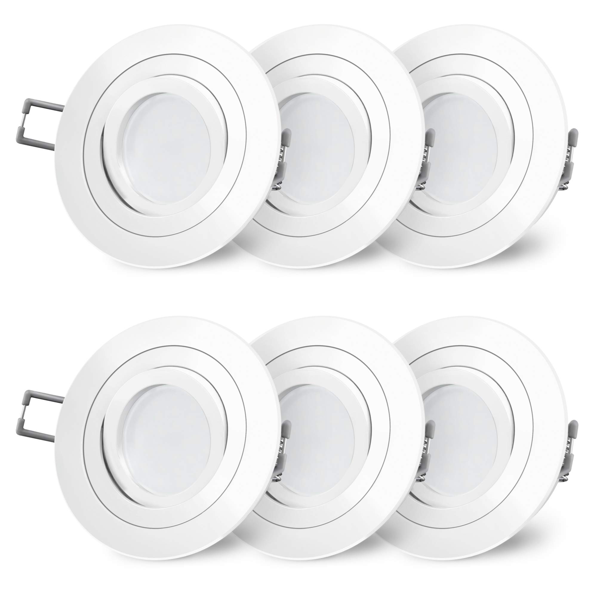 SSC-LUXon RF-2 LED Einbauleuchte 6er Set rund weiß GU10 4W warmweiß | Weiße Downlights im 6er Set rund für Wohnzimmer, Küche & Flur - inkl. milchigen Leuchtmitteln, schwenkbar, kein Trafo nötig