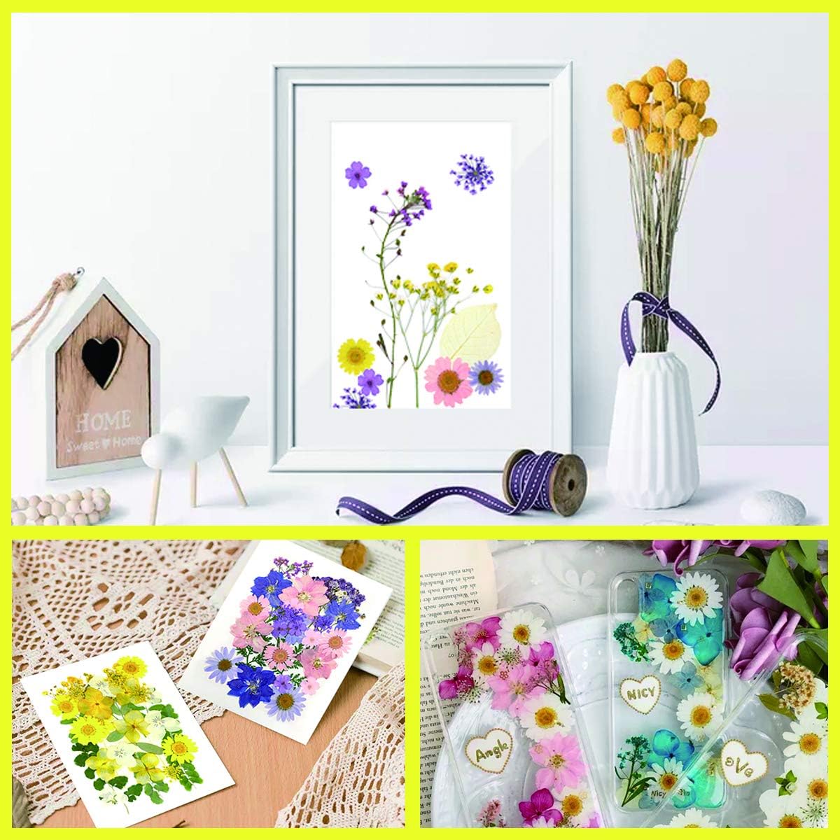 61pcs Dried Flowers for Resin,Nails,Candle Making,soap Making;Dried Pressed Flowers for Resin molds,Crafts,Candles,Jewelry Making,Scrapbooking Transparent Stickers,epoxy Resin Supplies(Yellow,Purple)
