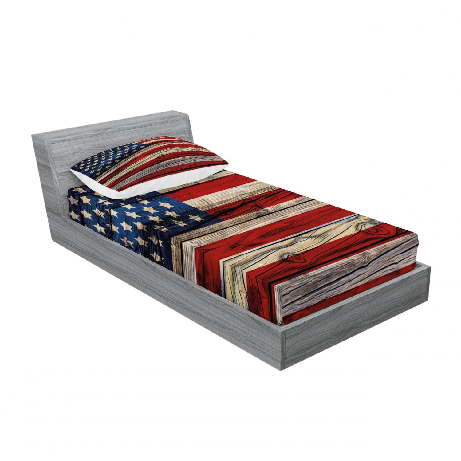 Ambesonne 4th of July 2 Pack Fitted Sheet & Pillow Sham Set, Wood Planks Flag, 4 Pcs Bedding Decor, Package Contains 2 Twin Size Fitted Sheets & 2 Pillow Covers, Red Beige Navy Blue