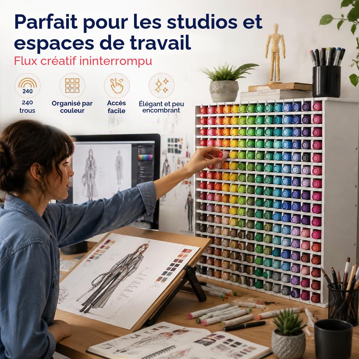 Organisateur de 240 Stylos, Organisateur de Marqueurs Boite Rangement Feutre Acrylique Rangement Crayon avec Séparateur Amovible pour Crayons de Couleur et Fournitures d'Art