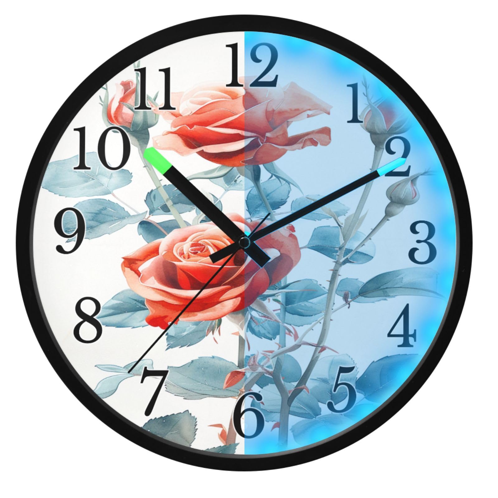 Mnsruu Reloj de pared luminoso con diseño de rosas rojas, funciona con pilas, silencioso, brilla en la oscuridad, para sala de estar, cocina, 30,5 cm