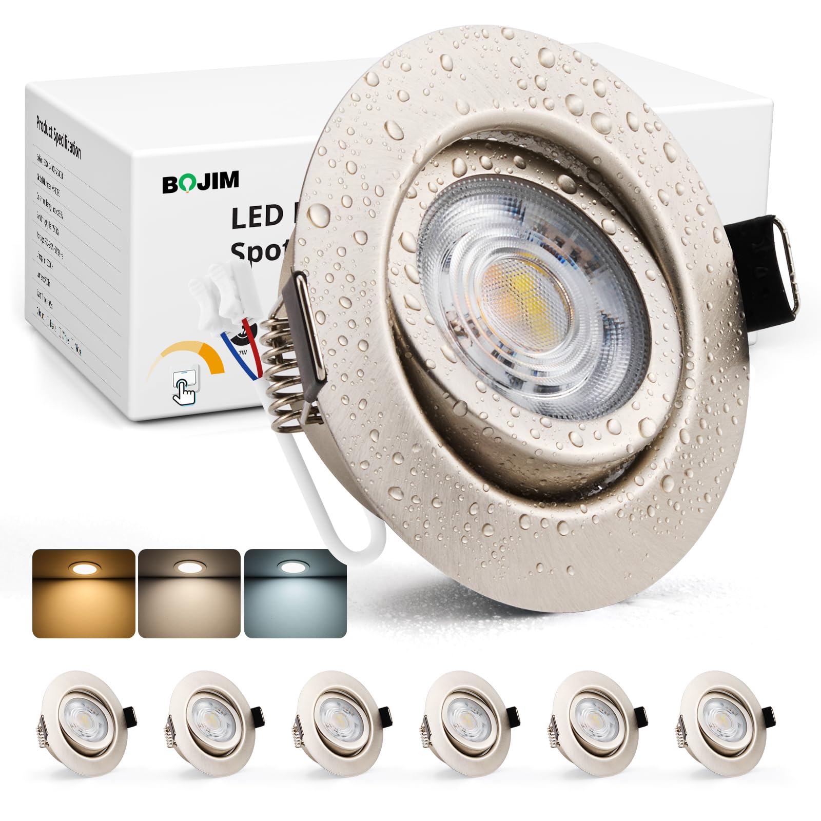 BOJIM Einbaustrahler LED 230V Dimmbar 7W, Nickel Spots 68mm Lochmaß, Einbauleuchten Flach IP44, Metall Warmweiß Kaltweiß Neutralweiß, Schwenkbar Deckenspots für Bad Küche Wohnzimmer, 6er