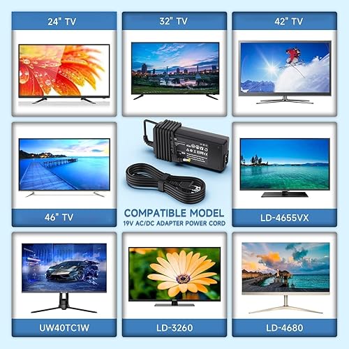 Miniatura 2 de Syfrufo Cable de alimentación de 19 V compatible con Westinghouse TV 24 32 40 42 46 pulgadas, cargador para LD-2480, LD-3255VX, LD-4255VX, LD-4680,