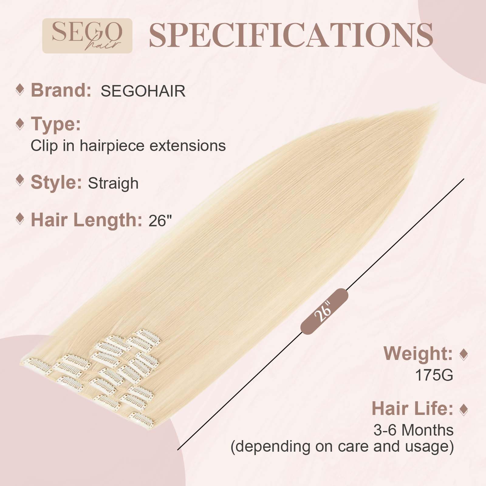 SEGOHAIR Hair Extensions Clip in 8Pcs 18 Clips Synthetic Fiber Seamless 26" Long Straight Full Head - Bleach Blonde - Image 3